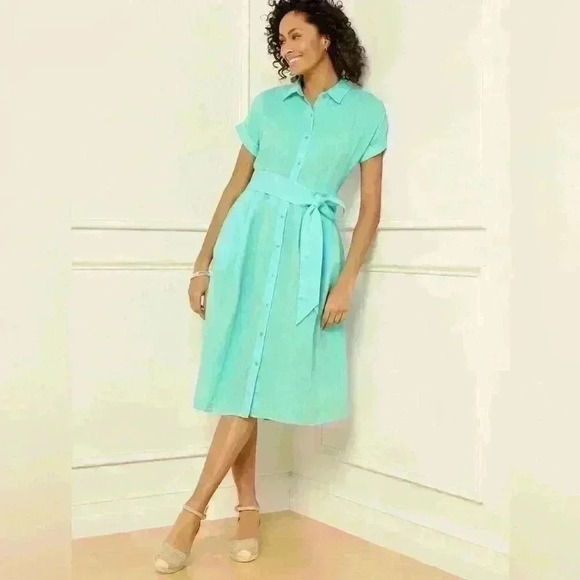 TALBOTS The Sutton Shirtdress Fit & Flare Cross Dye 100% Linen in Aqua Size 6 - Picture 1 of 12